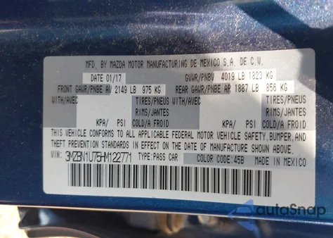 2017 Mazda Mazda3 Sport из США, поврежденный, VIN 3MZBN1U75HM122771